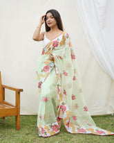 Opulent chikankari worked green rich look pure organza saree